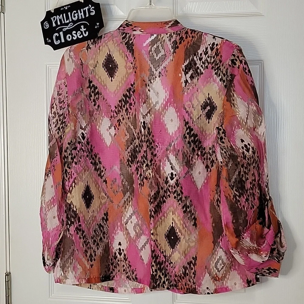Ruby Rd. Favorites 10 Blouse Button Up Sheer Pink Purple Brown Tan